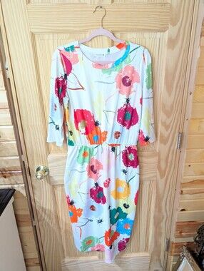 Nuggles Women's M "Harper Jane" Floral White Midi Dress with Elastic Waist